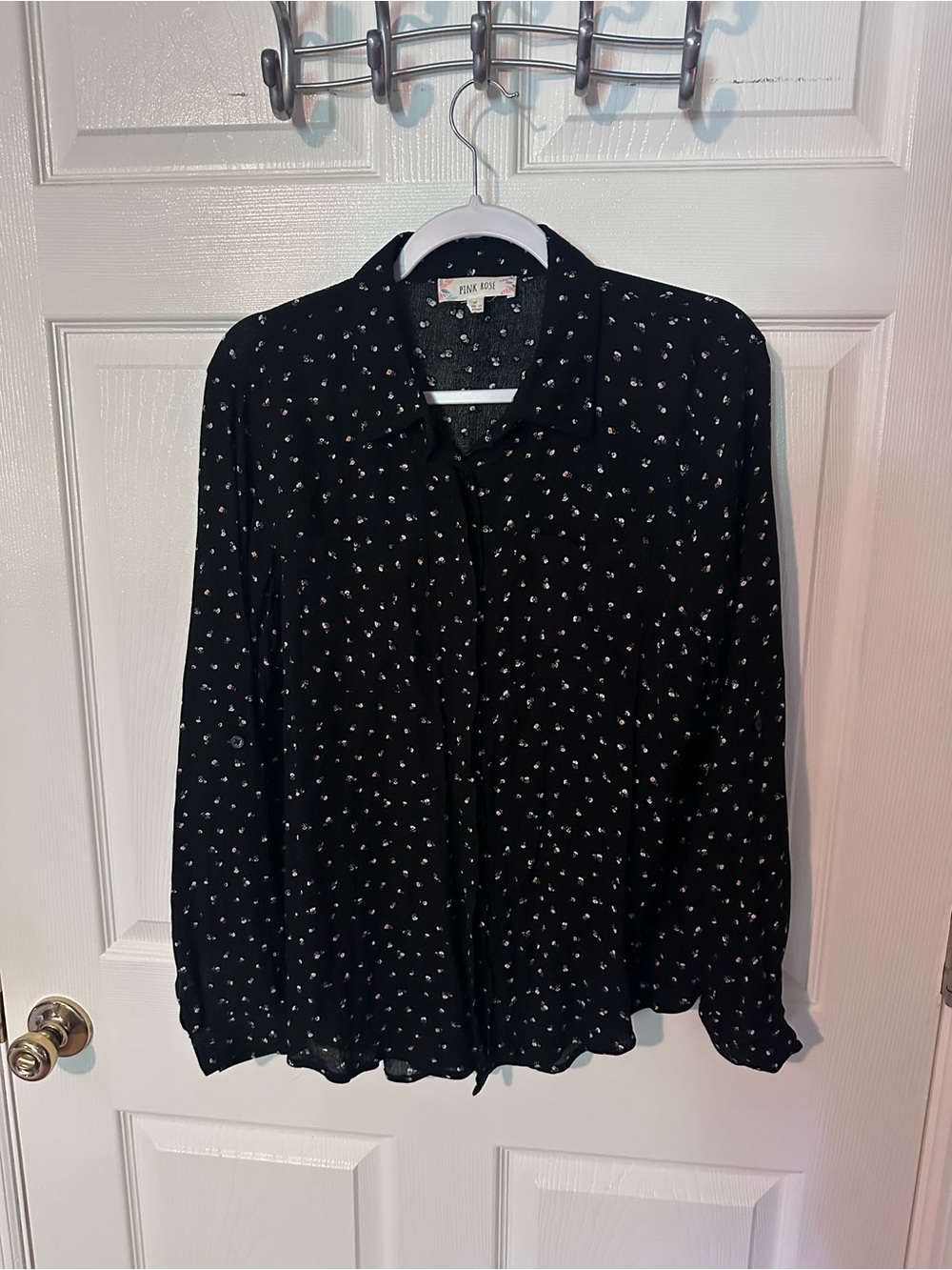 Pink Rose Black Button-Down Blouse with Small White Floral Print